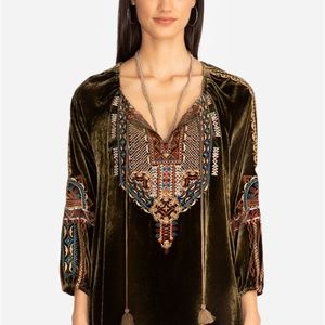 Johnny Was Naomi Tiger Eye Velvet Peasant Blouse Embroidered Tunic Top S $275
